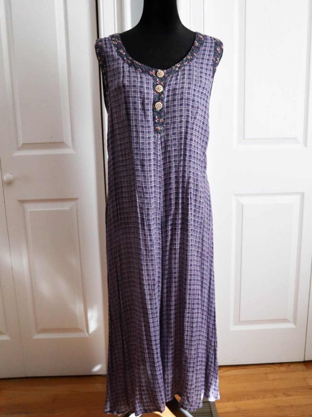Vtg '90s Papy Boez Plaid & Floral Sleeveless Maxi Dress Sz S/M Grunge Cottage